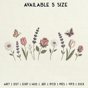 May include: An embroidery design featuring a row of flowers including daisies, lavender, roses, and tulips, accented by two butterflies. The text "AVAILABLE 5 SIZE" appears at the top, and file formats "ART | DST | EXP | HUS | JEF | PCD | PES | VP3 | XXX" are listed at the bottom.