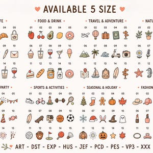 May include: A digital chart displaying a collection of small, colourful icons categorised by themes such as daily life, food, travel, nature, celebration, sports, and fashion. Each icon is numbered, and the bottom lists file formats like ART, DST, and PES.