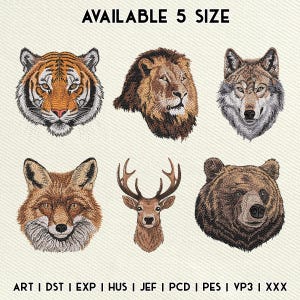 Diseños de bordado de animales salvajes: tigre, león, lobo, zorro, oso y ciervo (descarga digital)