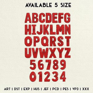May include: Red embroidered alphabet letters and numbers with a spiderweb design. The text "AVAILABLE 5 SIZE" is at the top. The bottom of the image shows file formats: ART, DST, EXP, HUS, JEF, PCD, PES, VP3, and XXX.