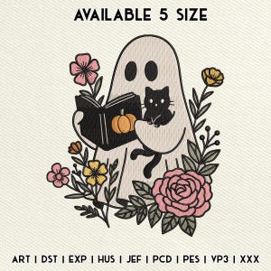 May include: An embroidered design of a ghost holding a book with a pumpkin and a black cat, surrounded by pink, yellow, and orange flowers. The text at the top says "AVAILABLE 5 SIZE".