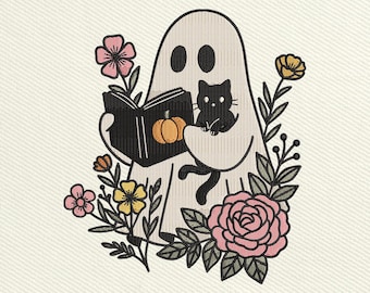 Halloween Ghost Cat Embroidery Design, Cute Ghost Reading Book with Cat, Spooky Fall Floral Embroidery, Instant Download