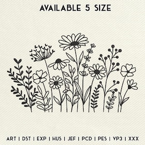 Puede incluir: Dibujo lineal en blanco y negro de varias flores y follaje. La imagen incluye el texto "AVAILABLE 5 SIZE" en la parte superior y una lista de formatos de archivo en la parte inferior. El diseño es adecuado para bordados o proyectos de arte digital.