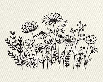 Diseño de bordado de flores silvestres, archivos de bordado estilo cottagecore floral, diseño de bordado botánico, descarga instantánea, incluye 5 tamaños.