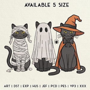 May include: Embroidered Halloween cat designs. The image features three black cats dressed as a mummy, a ghost, and a witch. The witch cat wears an orange hat and cape. The text "AVAILABLE 5 SIZE" is at the top.