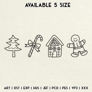 May include: Black and white line drawings of Christmas-themed elements: a Christmas tree, a candy cane with a bow, a gingerbread house, and a gingerbread man. The text "AVAILABLE 5 SIZE" is at the top. Below are file format abbreviations.