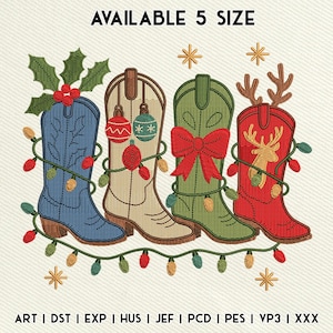 May include: An embroidered design featuring four cowboy boots in blue, tan, green, and red, decorated for Christmas. The boots are adorned with holly, ornaments, a bow, and antlers, and are strung with Christmas lights. The text "AVAILABLE 5 SIZE" is at the top.