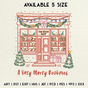 Può includere: Un disegno ricamato di una libreria decorata per Natale. Il negozio ha scaffali di libri, una ghirlanda e un fiocco rosa. Il testo recita "The Book Shop" e "A Very Merry Bookmas". Sono inclusi anche due alberi di Natale e regali.