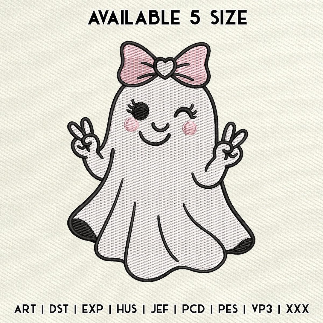 Cute Girly Ghost With Pink Bow Embroidery Design, Halloween Embroidery ...