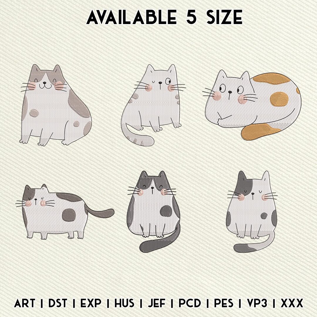 Kawaii Cat Embroidery Designs, Chubby Cartoon Cats, PES DST (digital ...