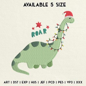 Christmas Dinosaur Embroidery Digital File, Cute Dino With Santa Hat And Lights, Fun Kids Holiday Animal Machine Design, Instant Download