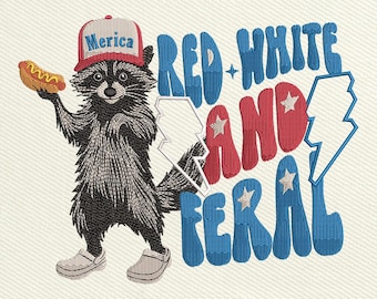 Rot, weiß und wild Stickerei, lustige Waschbär Stickerei, 4.Juli Stickmuster, Hotdog Waschbär Stickerei, Instant Download