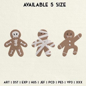 May include: Three brown gingerbread cookie designs with Halloween themes. One is a skeleton, one is a mummy, and the last is a vampire. The text "AVAILABLE 5 SIZE" is at the top. The bottom of the image has a list of file types.