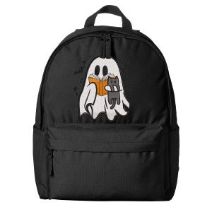 Puede incluir: Una mochila negra con un gr&aacute;fico bordado de un fantasma blanco que sostiene un libro naranja y un peque&ntilde;o gato gris. El dise&ntilde;o del fantasma incluye peque&ntilde;os detalles de estrellas negras. La mochila tiene un compartimento principal y un bolsillo frontal con cremallera.