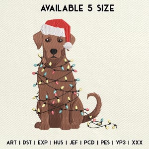 May include: A brown dog wearing a Santa hat and wrapped in colorful Christmas lights. The image includes the text "AVAILABLE 5 SIZE" and file type abbreviations.