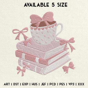 Coquette Book Coffee Machine Embroidery Design, Book Lover Valentine Embroidery Files, Coquette Valentine Bookish Embroidery Design