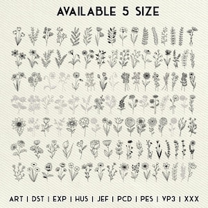 May include: A collection of black and white floral line art designs. The image includes various flower and leaf illustrations, with the text "AVAILABLE 5 SIZE" at the top and file type abbreviations at the bottom.
