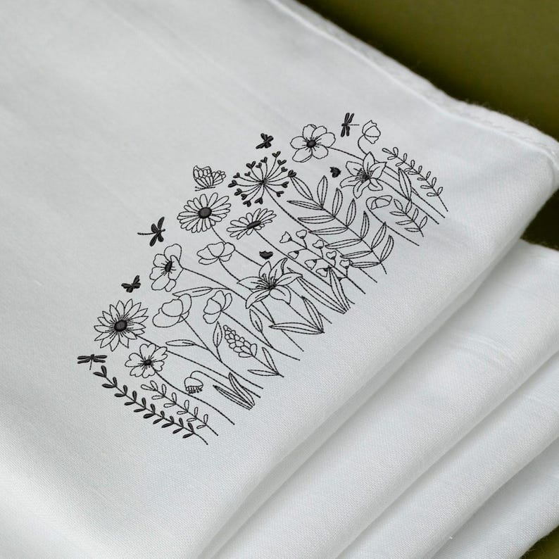 Wildflower Garden Embroidery File, Botanical Meadow Outline Design With ...