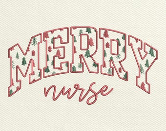 Merry Nurse Christmas Embroidery File, Festive Nurse Holiday Lettering Design, Cute Medical Winter Digital Stitch Pattern, Instant Download