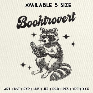 Booktrovert Raccoon Embroidery Design, Cute Raccoon Embroidery File, Funny Animal Embroidery File, Instant Download, 5 Sizes