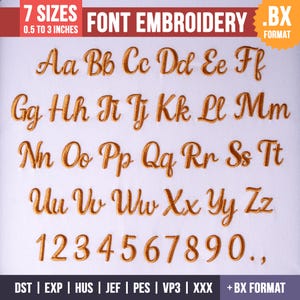 Può includere: Set di caratteri ricamati color oro, inclusi lettere maiuscole e minuscole, numeri e punteggiatura. Il testo "FONT EMBROIDERY" è visualizzato sopra l'alfabeto. Le dimensioni dei caratteri variano da 1,27 a 7,62 cm.