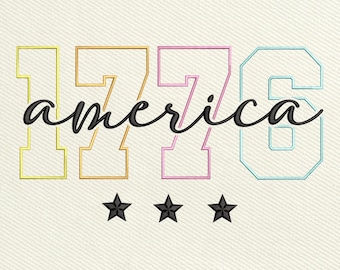 Amerikaans borduurontwerp EST 1776, VS-borduurontwerp, 4 juli machineborduurwerk, direct downloaden, 5 maten inbegrepen