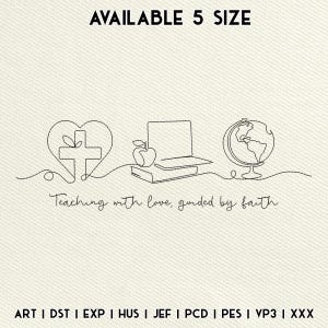 May include: Line art design featuring a cross within a heart, a laptop with an apple, and a globe. The text "Teaching with love, guided by faith" is below the images. The text "AVAILABLE 5 SIZE" is at the top.