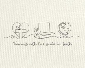 Borduurontwerp leraar geloof, christelijke leraar Apple Globe laptop borduurbestand, lesgeven met liefde geleid door geloof, Instant Download