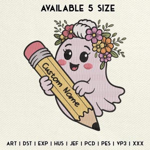 Custom Teacher Name Embroidery Design, Custom Ghost Teacher Embroidery File, Halloween Machine Embroidery, Instant Download