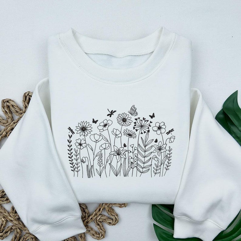 Wildflower Garden Embroidery File, Botanical Meadow Outline Design With ...