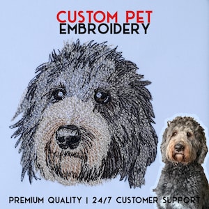 May include: Custom pet embroidery design featuring a black and gray dog with a fluffy coat. The embroidery is detailed and realistic, capturing the dog's facial features. The text "CUSTOM PET EMBROIDERY" is displayed above the dog's image. The text "PREMIUM QUALITY | 24/7 CUSTOMER SUPPORT" is displayed below the dog's image.