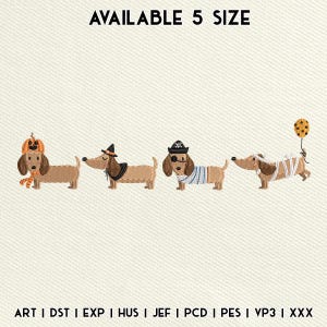 Puede incluir: Dachshunds bordados con disfraces de Halloween: una calabaza, una bruja, un pirata y una momia. La imagen incluye el texto "AVAILABLE 5 SIZE" y abreviaturas de tipos de archivo.