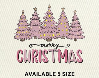 Pink Christmas Tree Embroidery Design, Merry Christmas (Instant Download)