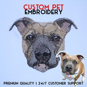 May include: Custom embroidered pet portrait of a brown and black dog with a white background. The text "CUSTOM PET EMBROIDERY" is at the top of the image. The text "PREMIUM QUALITY | 24/7 CUSTOMER SUPPORT" is at the bottom of the image.