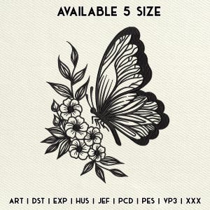 May include: Black and white butterfly embroidery design with floral accents. The design includes the text "AVAILABLE 5 SIZE" at the top and various file format abbreviations at the bottom.