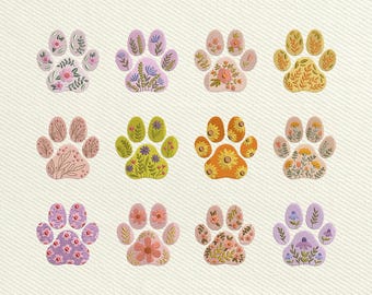 Paw Print Flower Bundle Embroidery Design, Dog Paw Embroidery File, Floral Paw Print Embroidery Machine File, Instant Download, 5 Sizes