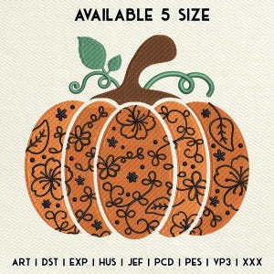 Floral Pumpkin Embroidery File, Autumn Fall Harvest Pumpkin With Flowers Leaves Outline Embroidery Design, Instant Download