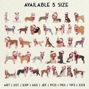Può includere: Una collezione di disegni di cani ricamati, ognuno con cappello e sciarpa di Babbo Natale, alcuni con corna di renna. Il testo "AVAILABLE 5 SIZE" è in alto e i formati dei file di ricamo sono elencati in basso.