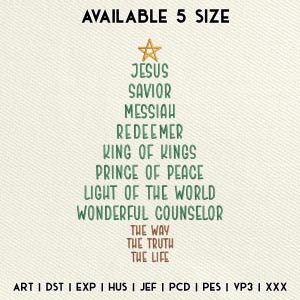 May include: A Christmas tree design with the words "JESUS SAVIOR MESSIAH REDEEMER KING OF KINGS PRINCE OF PEACE LIGHT OF THE WORLD WONDERFUL COUNSELOR THE WAY THE TRUTH THE LIFE" in green. A gold star is at the top. The text "AVAILABLE 5 SIZE" is at the top.