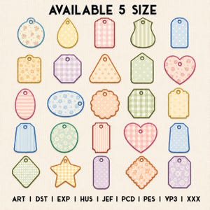 Puede incluir: Una colección de veinticinco etiquetas de bordado digital en varias formas, incluyendo círculos, corazones, estrellas y rectángulos, con patrones como cuadros vichy, lunares y flores. El texto AVAILABLE 5 SIZE y formatos aparecen.