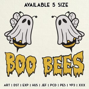 May include: Embroidered design featuring two ghost-like figures with bee bodies and wings. The text "BOO BEES" is in a yellow, dripping font. The phrase "AVAILABLE 5 SIZE" is at the top. Below are file format abbreviations.