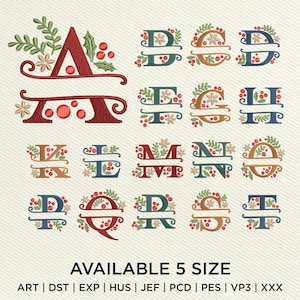 Design de bordado de alfabeto de Natal, design de bordado de letras de monograma, design de bordado de máquina de texto de Natal do alfabeto A - Z, 5 tamanhos