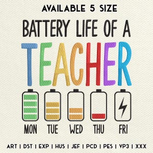 Puede incluir: Un diseño gráfico colorido con el texto "BATTERY LIFE OF A TEACHER" e iconos de batería que representan los días de la semana. El diseño incluye el texto "AVAILABLE 5 SIZE" y abreviaturas de tipo de archivo.
