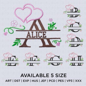 Diseño de bordado a máquina con monograma de San Valentín, monograma dividido, letras A-Z, texto de corazón, 5 tamaños