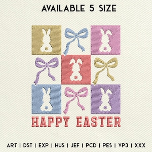 Happy Easter Embroidery Design, Easter Bunny Coquette Embroidery File, Checkered Easter Embroidery Machine File, Instant Download, 5 Size
