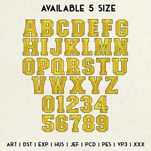 Puede incluir: Un conjunto completo de alfabeto y números con temática de béisbol. Las letras y los números son amarillos con costuras rojas, sobre un fondo claro. El texto "AVAILABLE 5 SIZE" está en la parte superior. Debajo hay abreviaturas de formatos de archivo.