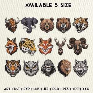 Puede incluir: Quince ilustraciones detalladas de cabezas de animales, incluyendo un bisonte, un elefante, un oso, un jaguar, un zorro, un ciervo, un carnero, un tigre, un búho, un gorila, un león y un lobo. El texto "AVAILABLE 5 SIZE" está en la parte superior.