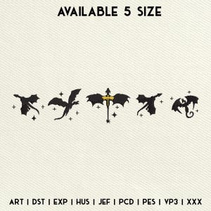 Puede incluir: Un fondo blanquecino presenta cinco diseños de dragones negros con detalles dorados. El texto "AVAILABLE 5 SIZE" está en la parte superior. Debajo de los dragones están las abreviaturas "ART | DST | EXP | HUS | JEF | PCD | PES | VP3 | XXX".