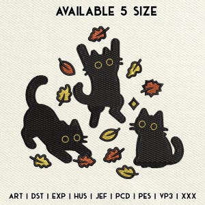 Black Cats Embroidery Design, Black Cats and Fall Leaves Embroidery File, Autumn Machine Embroidery, Instant Download, Included 5 Sizes