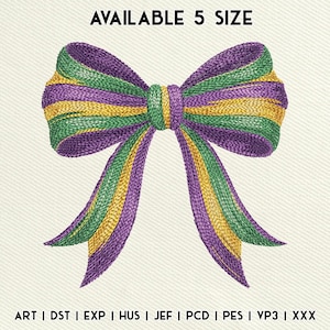 May include: An embroidered bow in purple, green, and gold, with the text "AVAILABLE 5 SIZE" at the top. The bow has a textured appearance and is centered on a cream-colored background. The bottom of the image contains file type abbreviations.